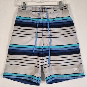 Speedo Men's Swimsuit in Blue and Gray Stripes, Size S